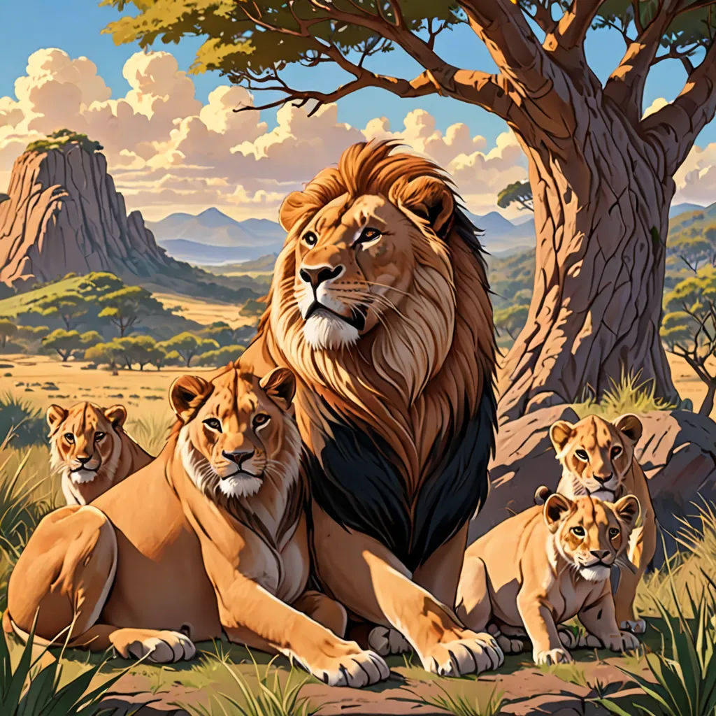a painting of lions sitting in the grass under a tree with mountains in the background and clouds in the sky, furry art, an oil painting, Brothers Hildebrandt, oil painting