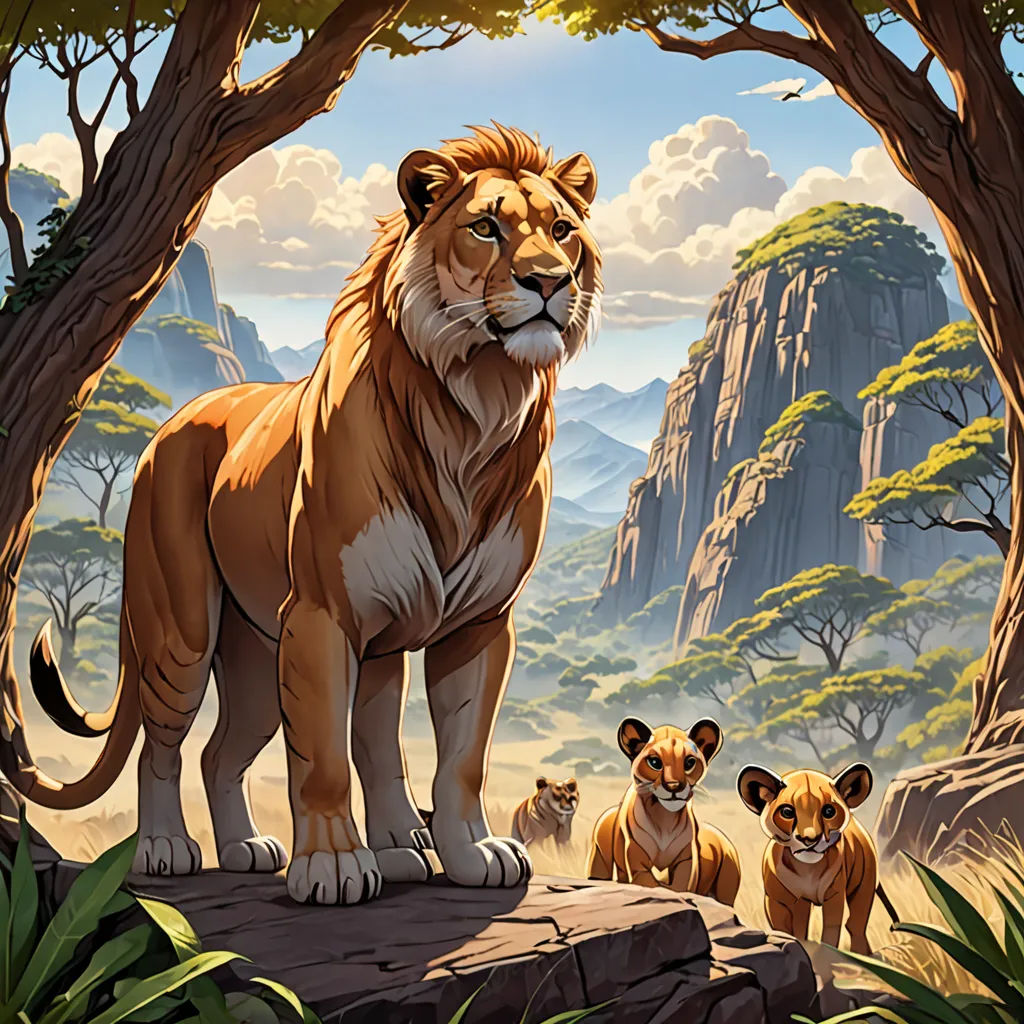 a lion standing on a rock in a forest with other lions in the background and a mountain range in the background, fantasy art, a painting, Chris LaBrooy, official art