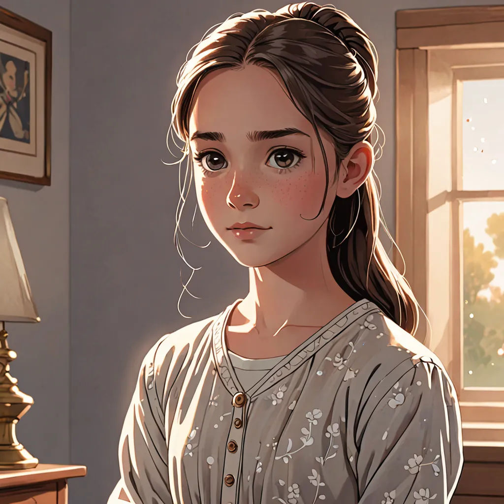 a girl with a ponytail standing in a room with a window and a lamp on the side of the room, american scene painting, a detailed painting, Elizabeth Forbes, stanley artgerm lau