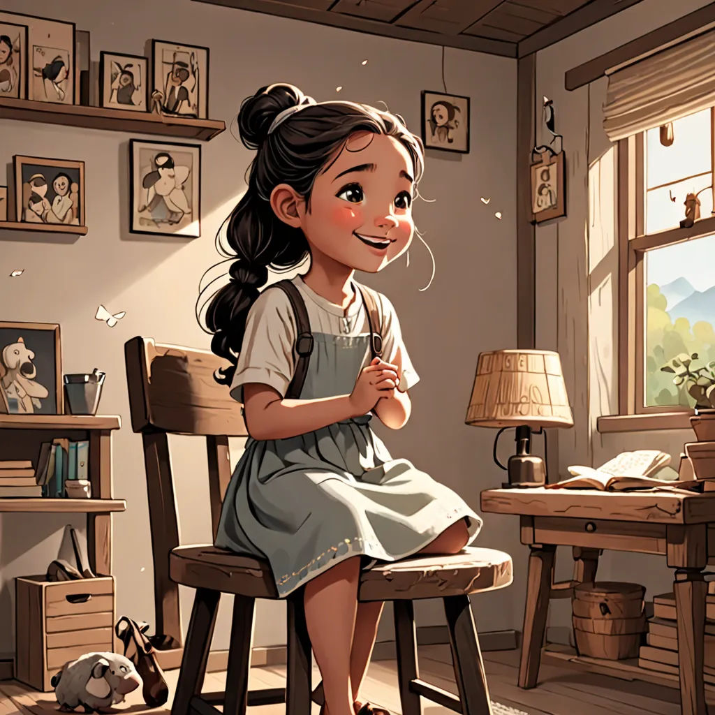 a little girl sitting on a chair in a room with a window and a lamp on the floor next to a desk, fantasy art, a storybook illustration, Artgerm, storybook illustration