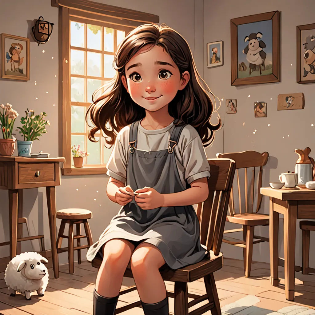 a girl sitting in a chair in a room with a dog and a window with pictures on the wall, american scene painting, a storybook illustration, Cliff Childs, storybook illustration