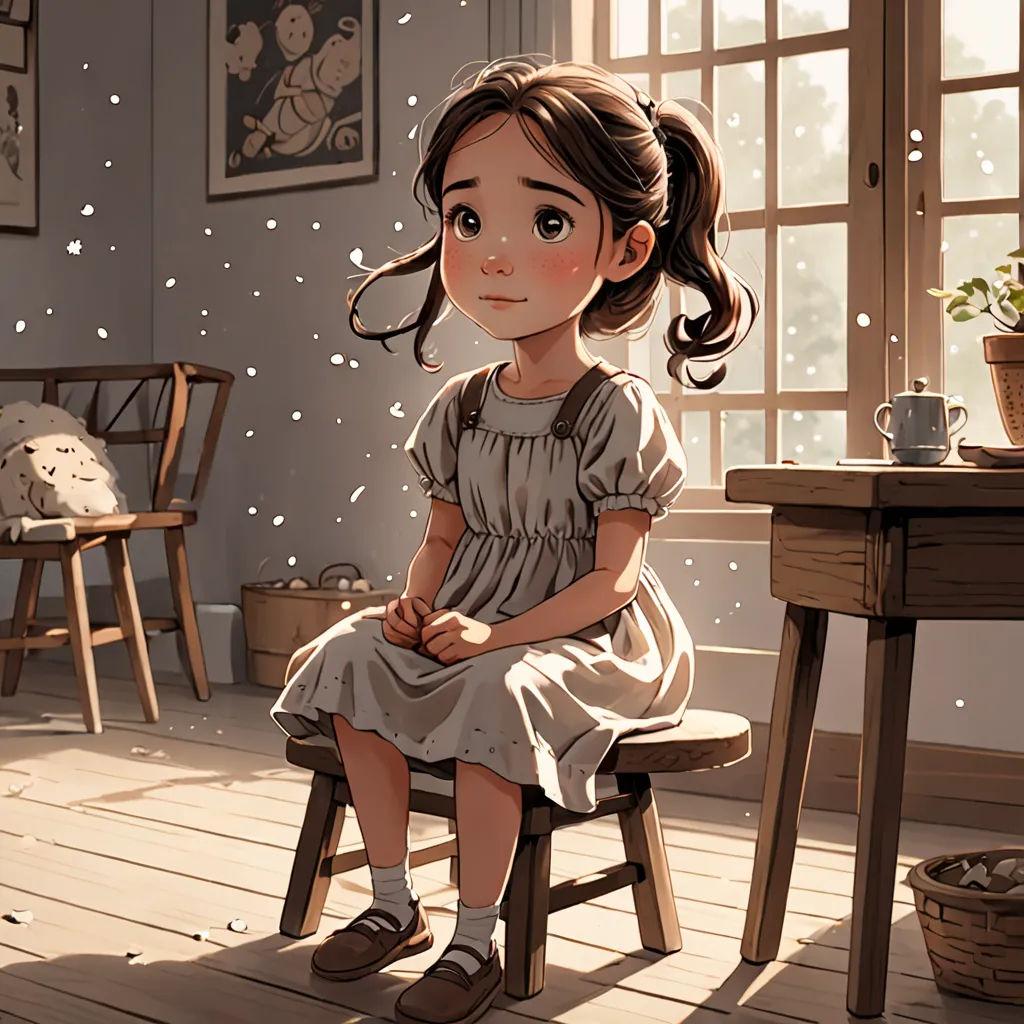 a little girl sitting on a chair in a room with a table and a potted plant in the corner, context art, a storybook illustration, Atey Ghailan, trending on art station