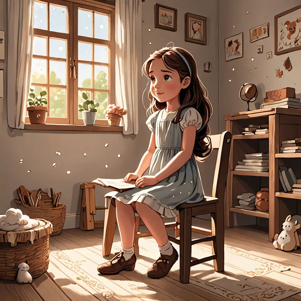 a little girl sitting in a chair in a room with a window and a teddy bear on the floor, magical realism, a storybook illustration, Clarice Beckett, rossdraws global illumination