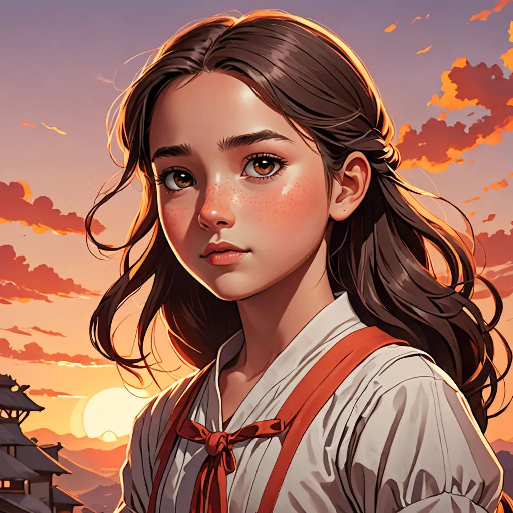 a girl with a red tie and a white shirt and a sunset in the background with a pagoda in the background, fantasy art, a detailed painting, Artgerm, rossdraws global illumination