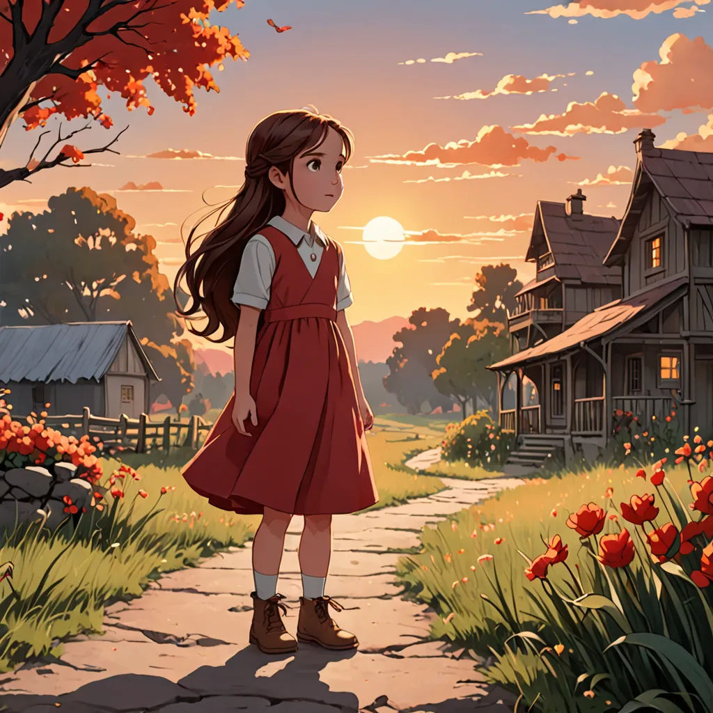 a girl in a red dress standing on a path in front of a house with a sunset in the background, american scene painting, a storybook illustration, Anne Said, official art