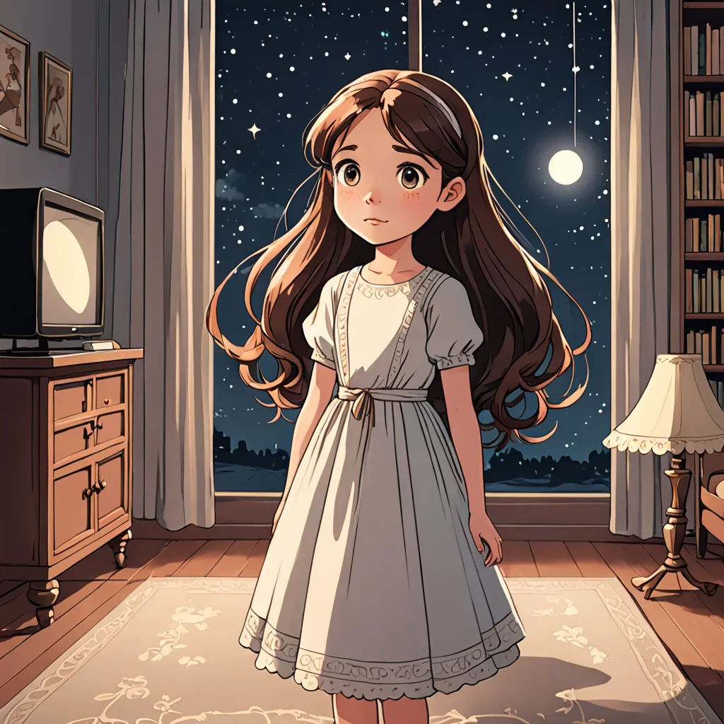 a girl in a room with a window and a night sky outside of it, with a bookcase and a lamp, space art, a storybook illustration, Clarice Beckett, official art