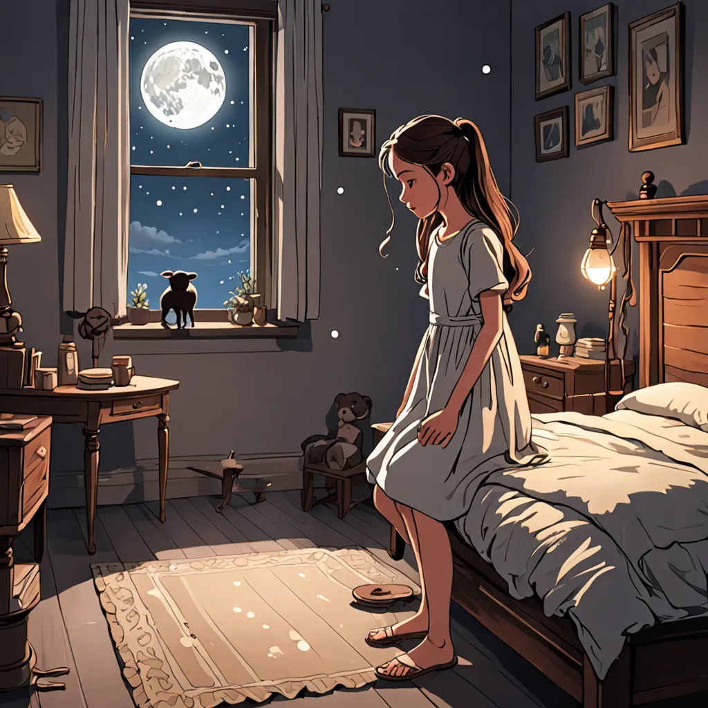 a girl in a bedroom looking out the window at the moon and stars in the sky above her head, magic realism, a storybook illustration, Cliff Childs, moonlight