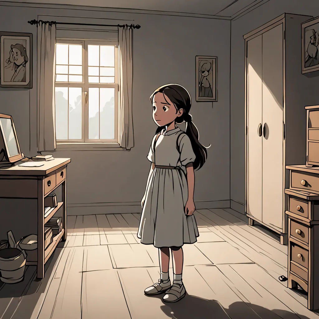 a girl standing in a room with a desk and a window in the background and a dresser with a mirror on it, serial art, a comic book panel, Clarice Beckett, official art