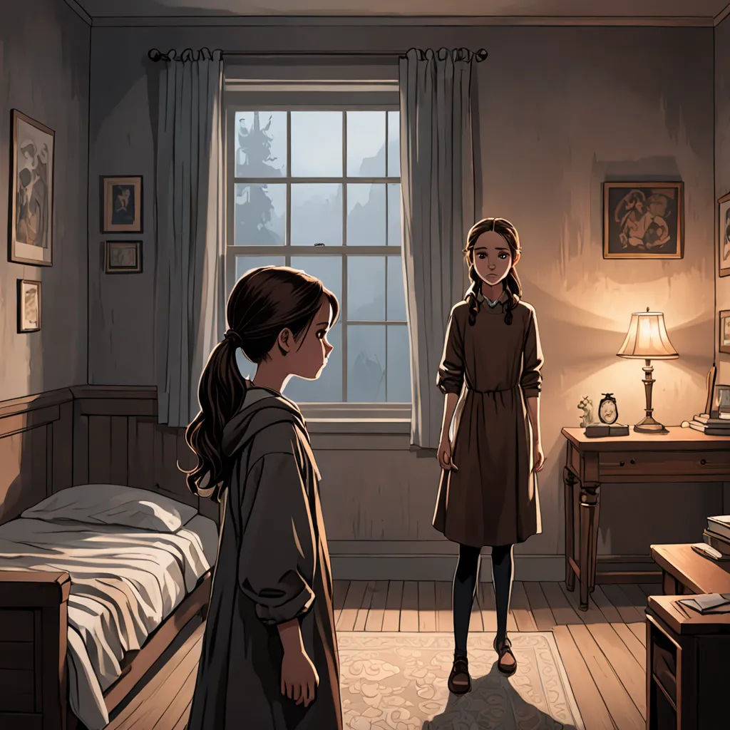a woman standing in a bedroom next to a bed next to a window with a woman standing next to her, american scene painting, a comic book panel, Anne Said, graphic novel