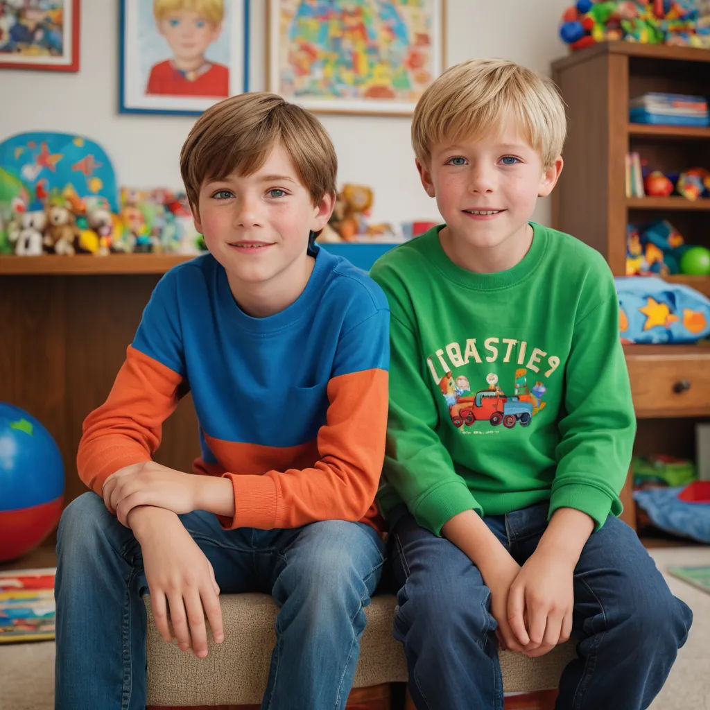 two boys sitting on a bench in a room with toys and toys on the walls and a shelf with pictures on it, naive art, a tilt shift photo, Christian Hilfgott Brand, promotional image