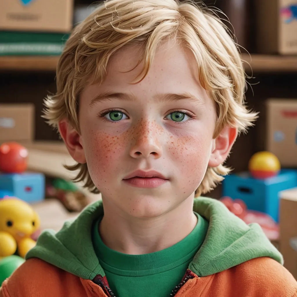 a young boy with freckles on his face and a green shirt on his shirt is looking at the camera, hyperrealism, a photorealistic painting, Evan Charlton, kai carpenter