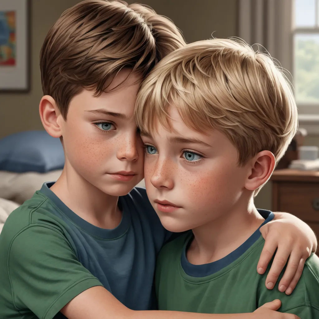a painting of two boys hugging each other in a bedroom with a bed in the background and a window in the background, photorealism, a hyperrealistic painting, Brothers Hildebrandt, ultra realistic digital art