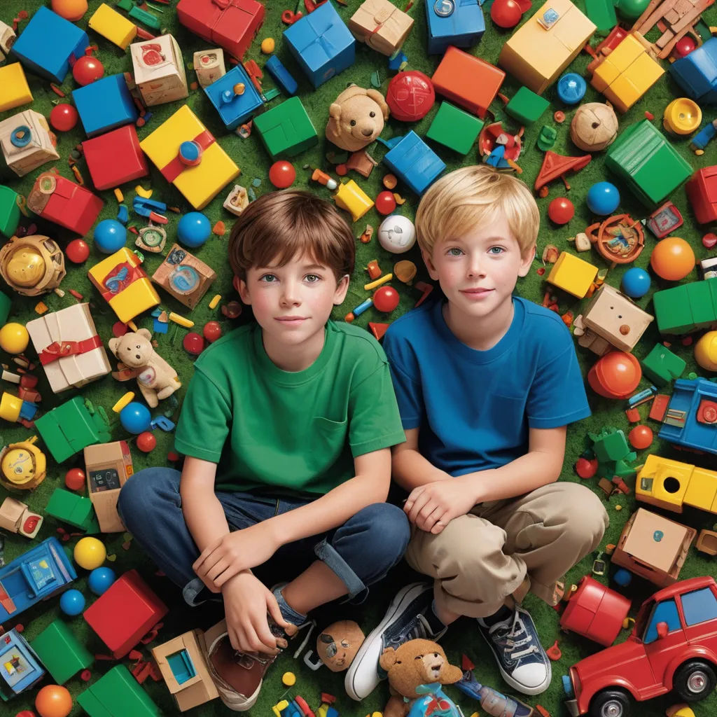 two boys sitting on the floor surrounded by toys and building blocks, with one boy looking up at the camera, neoplasticism, a stock photo, Chris Ware, promotional image