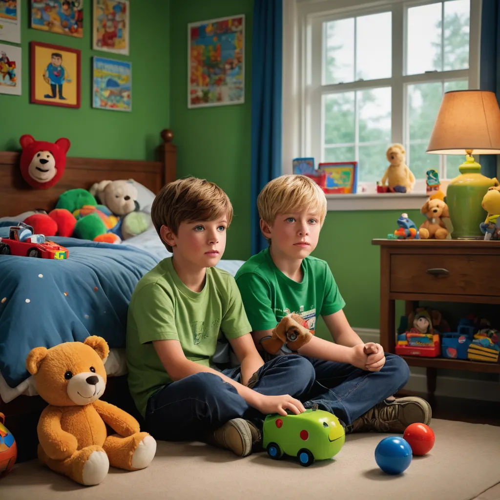 two boys sitting on the floor with toys in a bedroom with green walls and a teddy bear on the floor, american scene painting, a computer rendering, Bob Byerley, promotional image