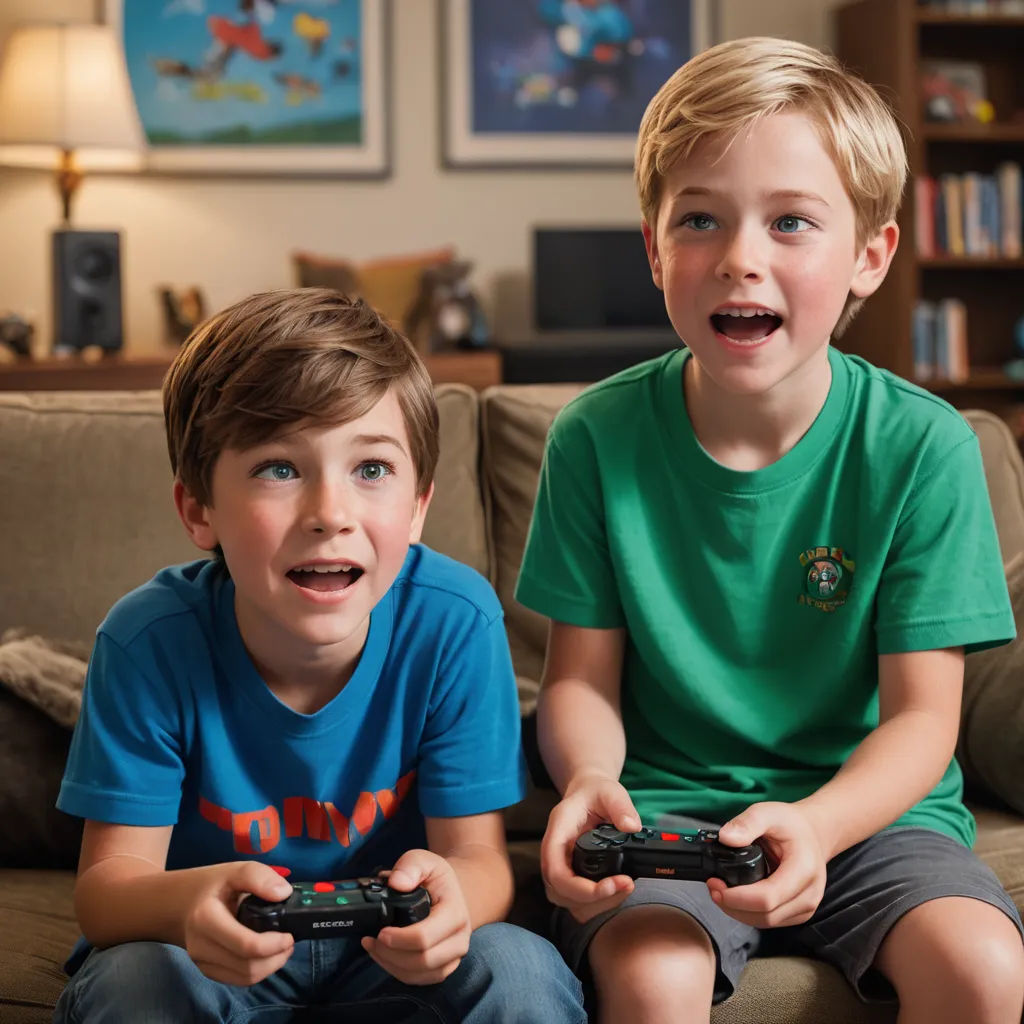 two boys sitting on a couch playing a video game together with remote controllers in their hands and a lamp on the wall, neogeo, a computer rendering, Dan Content, promotional image