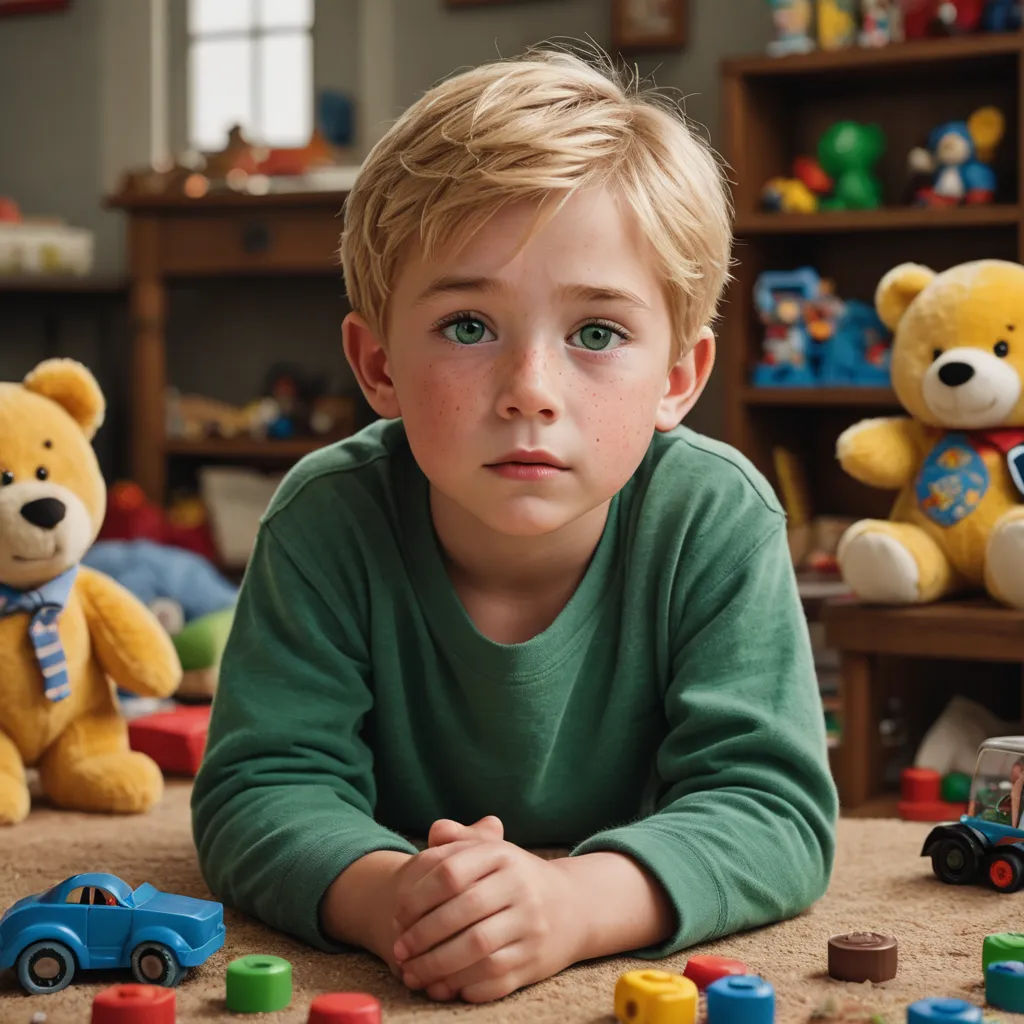 a young boy laying on the floor with toys around him and a teddy bear behind him, with a green shirt on, hyperrealism, a stock photo, Adam Rex, promotional image