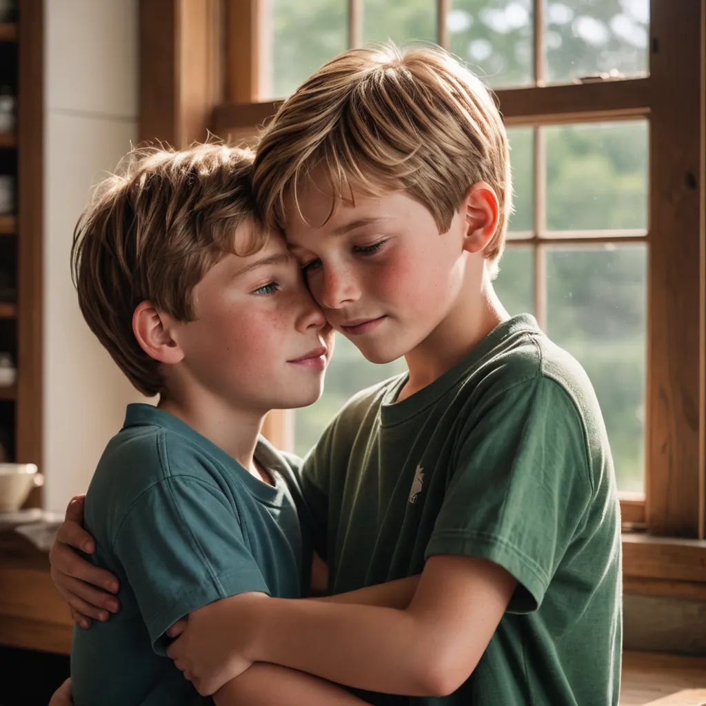two young boys hugging each other in front of a window with a view of the woods outside of the window, antipodeans, a stock photo, Evan Charlton, promotional image