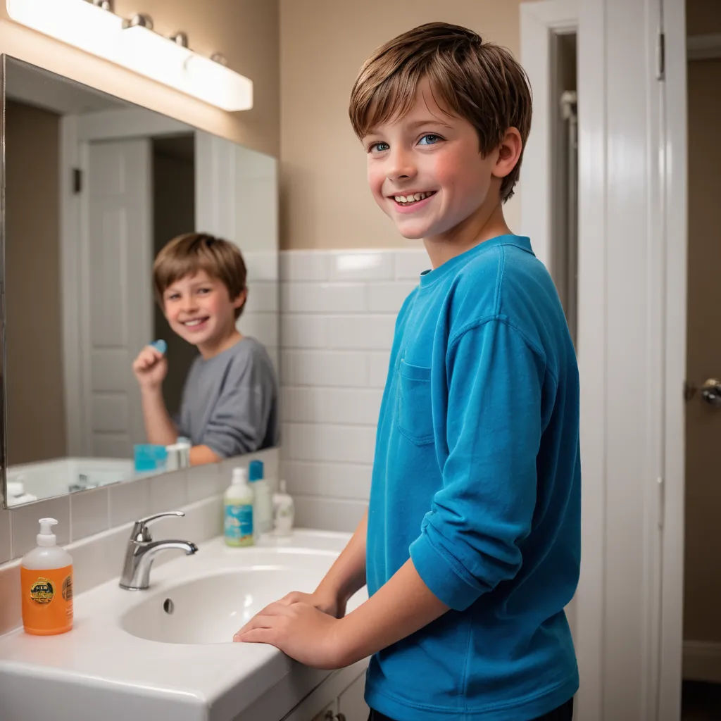 a boy standing in front of a bathroom sink with a toothbrush in his hand and a bottle of mouthwash in his other hand, photorealism, a stock photo, Conroy Maddox, product photo