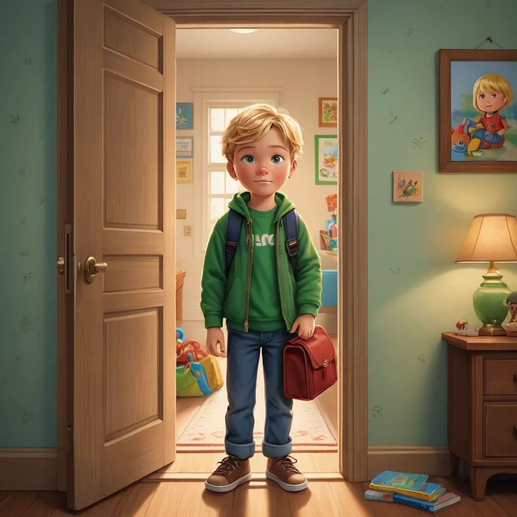 a boy standing in a hallway with a red bag in his hand and a green shirt on his shirt, photorealism, a storybook illustration, Chris LaBrooy, cgstudio