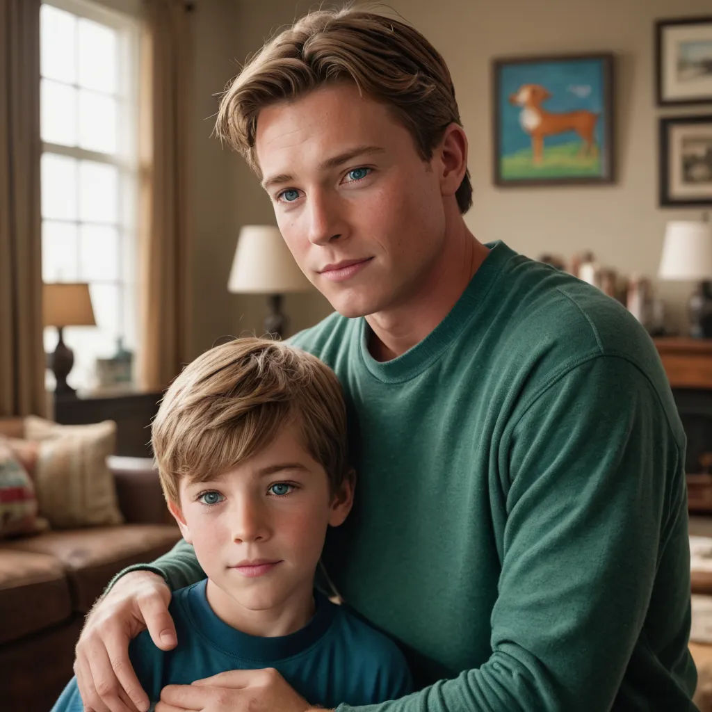 a man and a boy are sitting together in a living room together, one of them is holding the boy's arm, american scene painting, a poster, Evan Charlton, promotional image