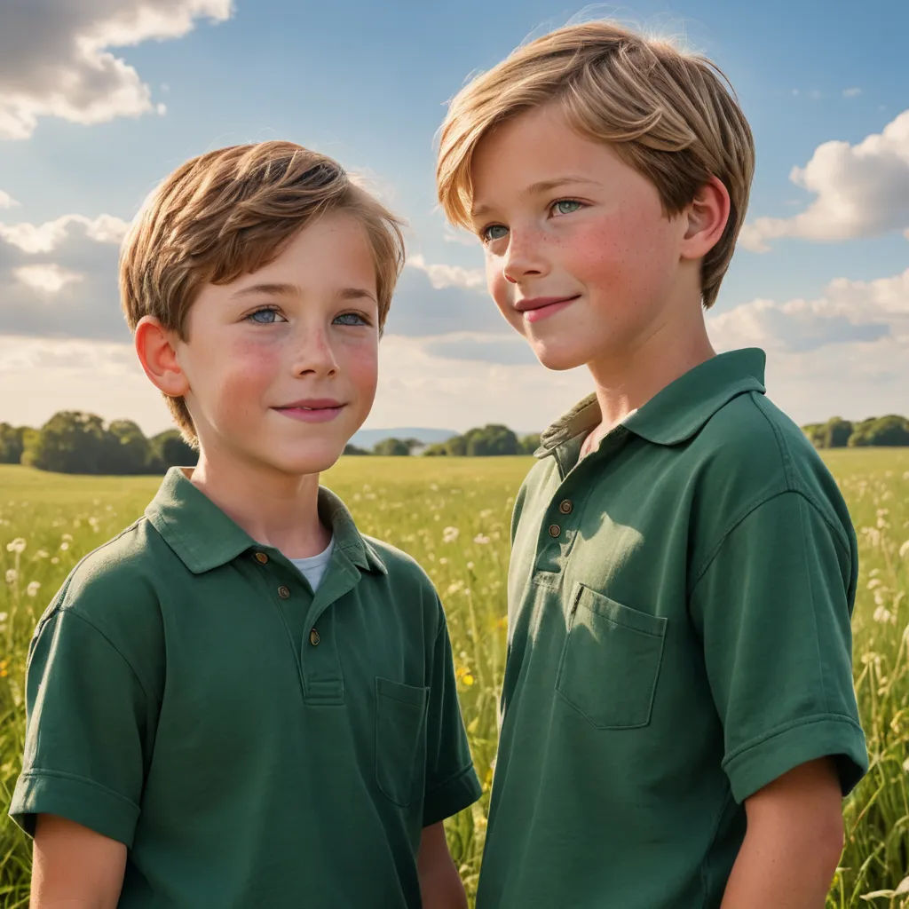 two young boys standing in a field of tall grass with a blue sky in the background and clouds in the sky, heidelberg school, a stock photo, Christian Hilfgott Brand, portrait photography