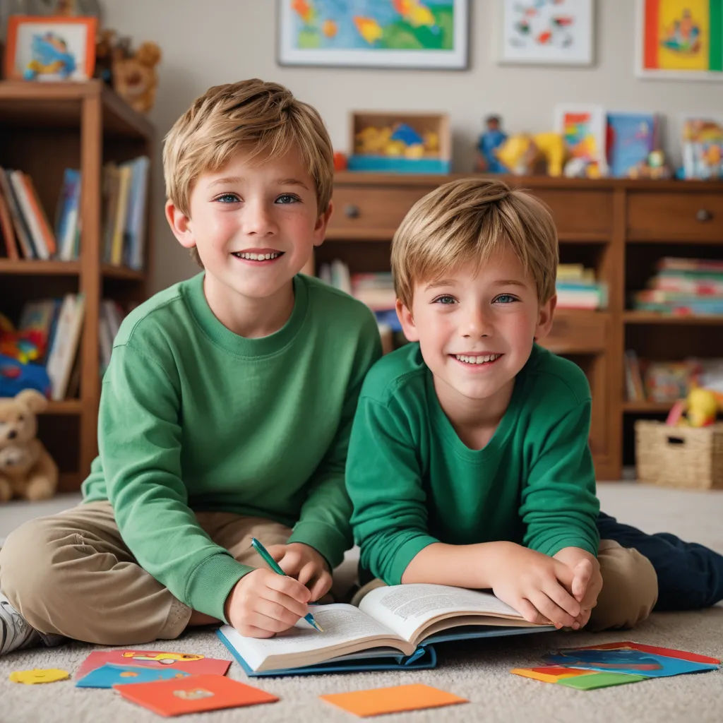 two boys are sitting on the floor with books and pens in their hands and smiling at the camera,, american scene painting, a storybook illustration, Christian Hilfgott Brand, promotional image