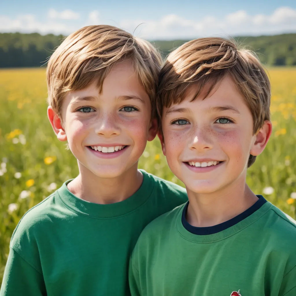two young boys standing next to each other in a field of flowers and grass with a blue sky in the background, les nabis, a stock photo, Felix-Kelly, portrait photography