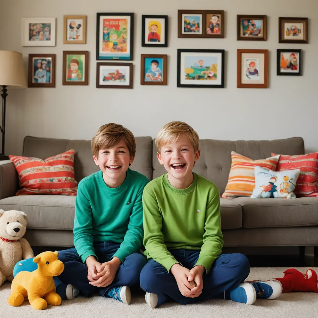 two boys sitting on the floor in front of a couch with stuffed animals on the floor and a wall with pictures on it, naive art, a storybook illustration, Anne Rigney, portrait photography