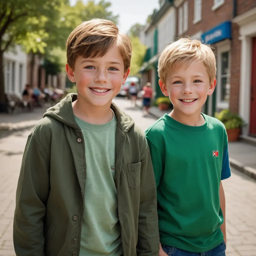 two young boys standing next to each other on a sidewalk in front of a building with a red door, american barbizon school, a tilt shift photo, Christian Hilfgott Brand, portrait photography