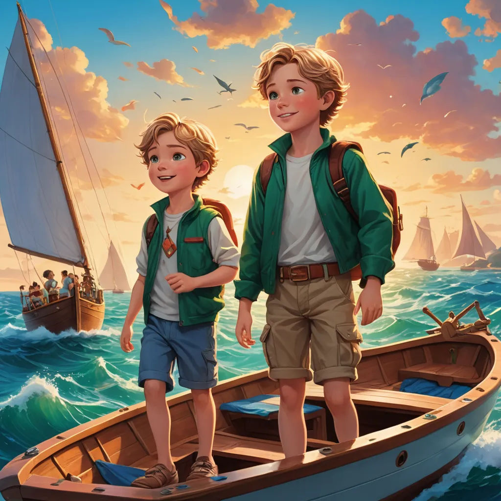 a boy and a boy standing on a boat in the ocean with a sailboat in the background and a bird flying over the boat, sots art, a storybook illustration, Brothers Hildebrandt, kinkade