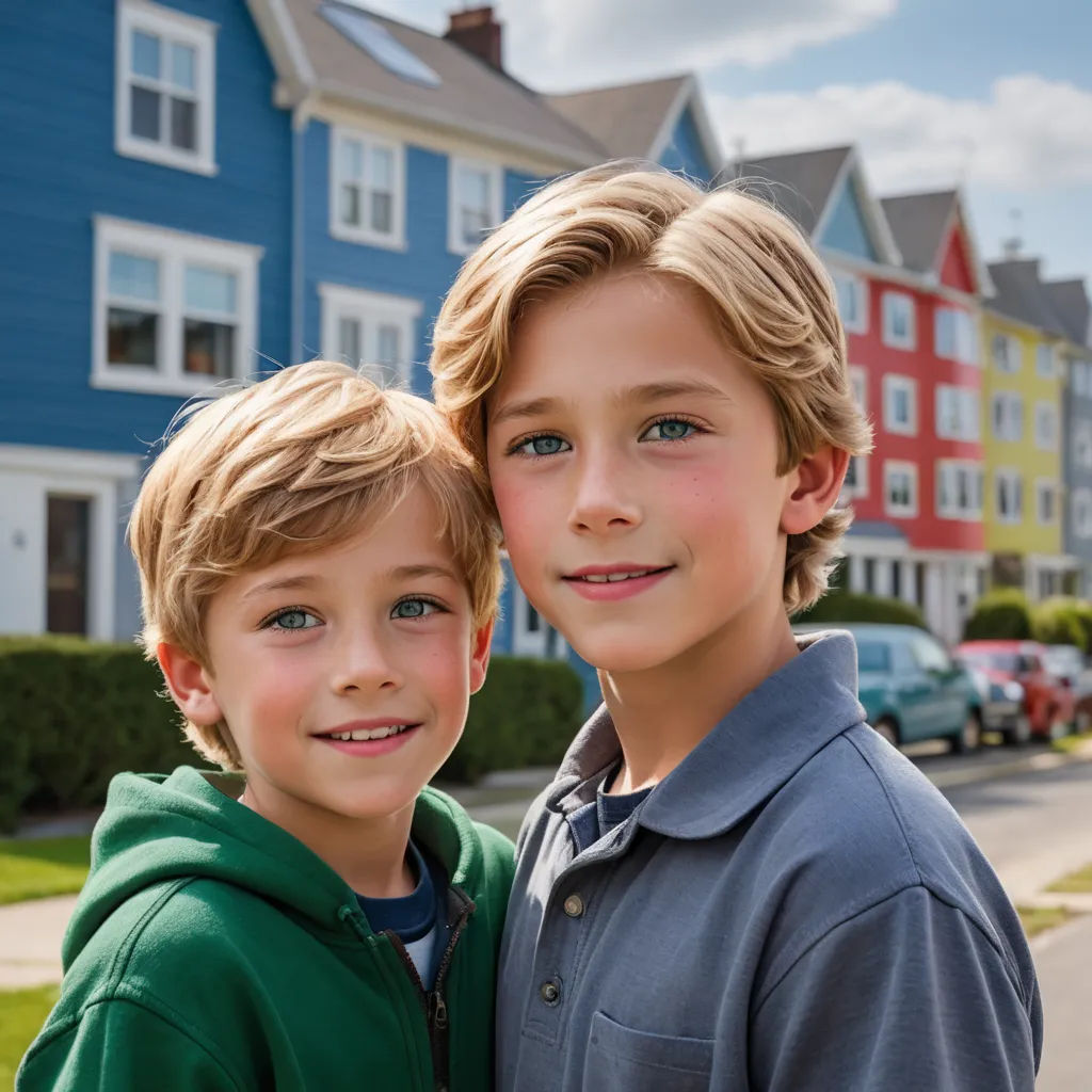 two boys standing next to each other in front of a row of houses with cars parked on the street, american scene painting, a stock photo, Felix-Kelly, promotional image