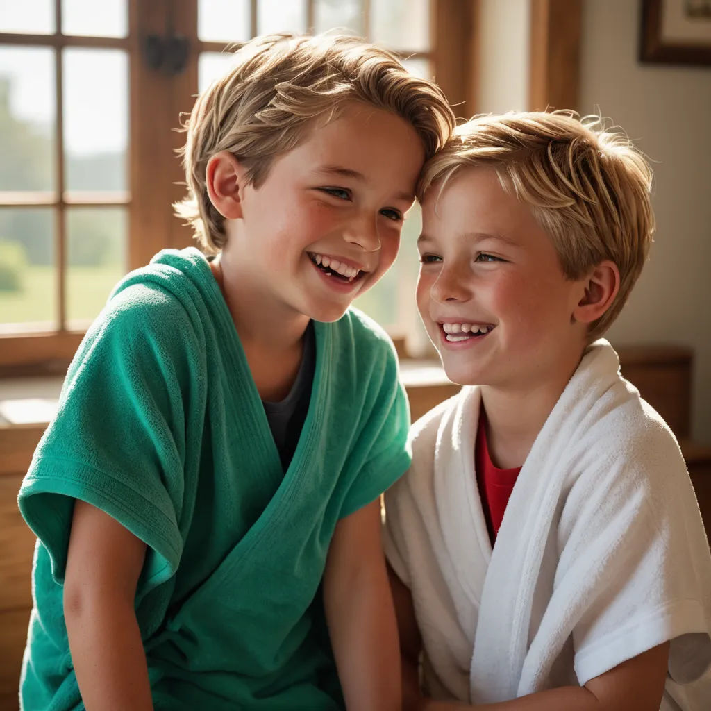 two young boys sitting next to each other on a couch smiling at each other with a towel over their shoulders, barbizon school, a stock photo, Christian Hilfgott Brand, portrait photography