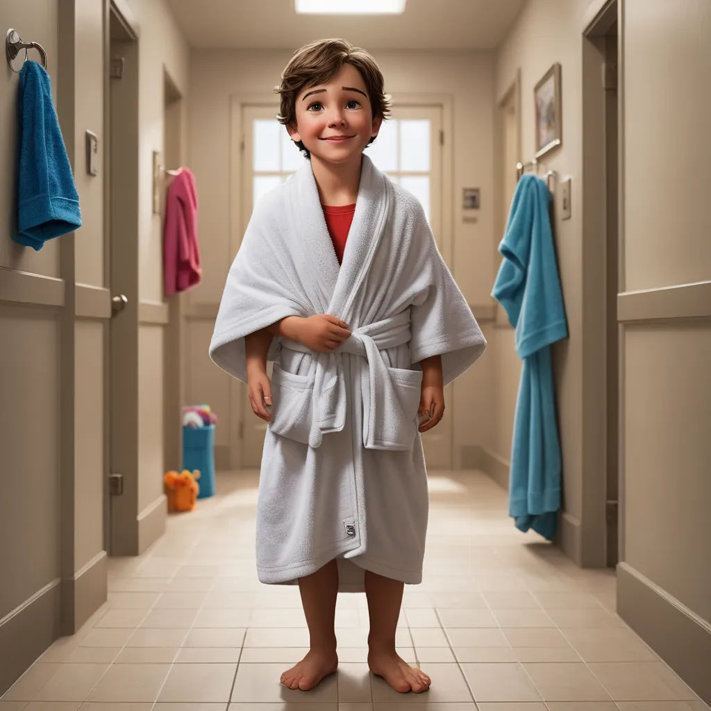 a young boy in a robe standing in a hallway with a robe on his shoulders and a red shirt on, photorealism, a digital rendering, Chris LaBrooy, cgstudio