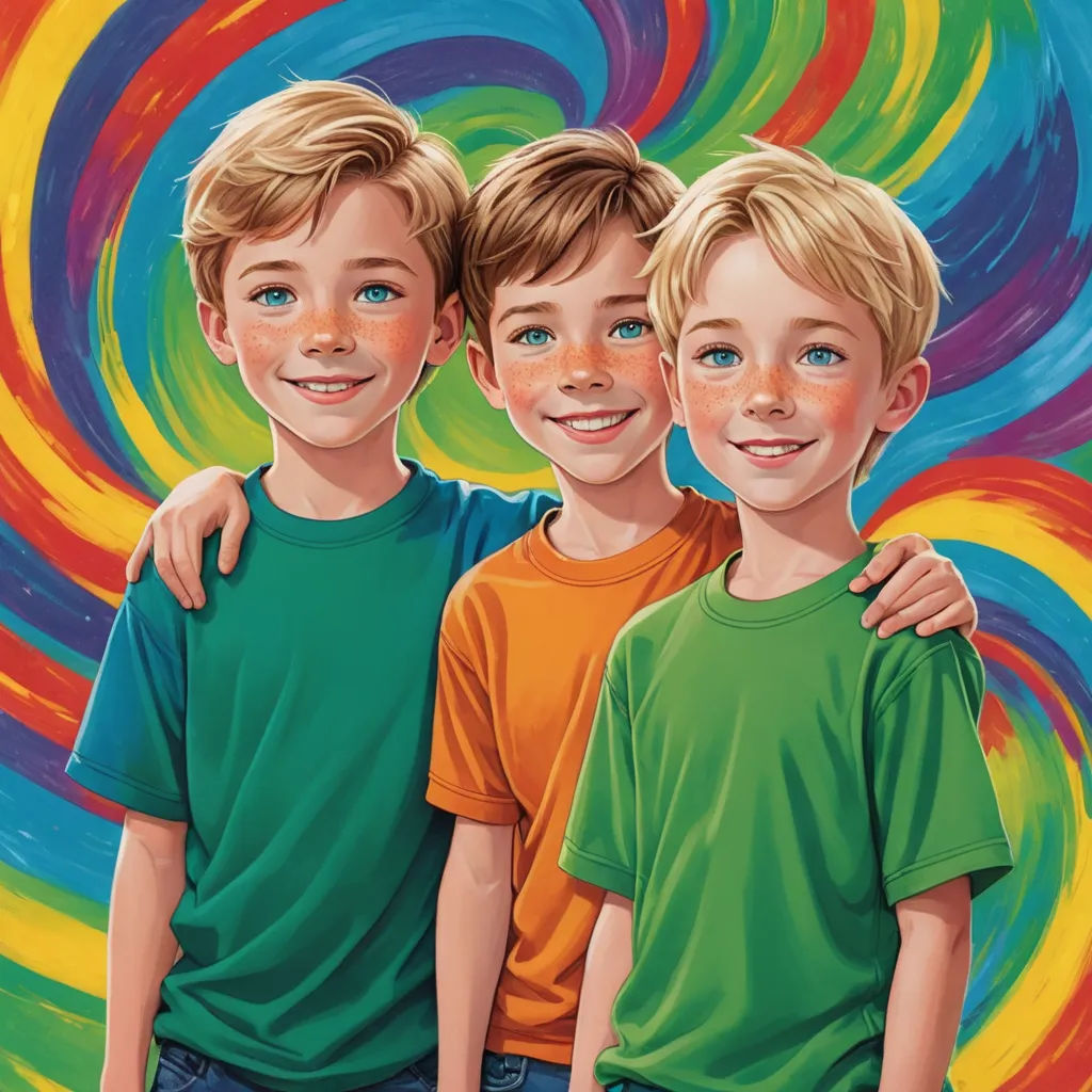 a painting of two boys standing next to each other in front of a colorful swirl background with a green shirt on, american scene painting, a storybook illustration, Aaron Jasinski, book cover