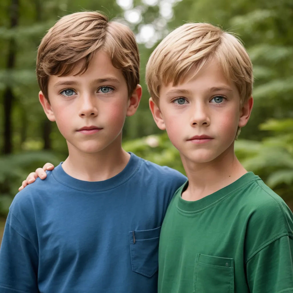 two young boys standing next to each other in a forest with trees in the background and one boy with blue eyes, antipodeans, a photorealistic painting, Daniel Lieske, portrait photography