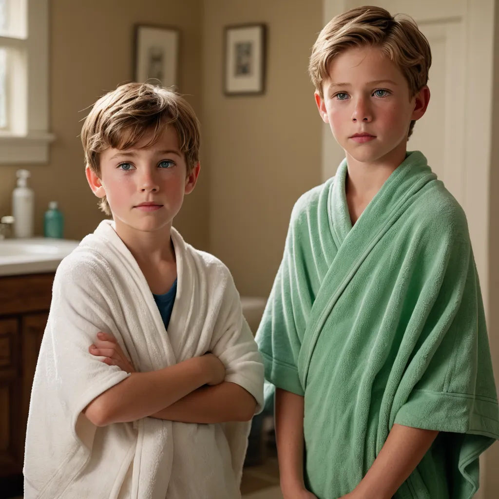 two boys in robes standing in a bathroom with their arms crossed and looking at the camera with a towel draped over them, american impressionism, a photorealistic painting, Brothers Hildebrandt, promotional image