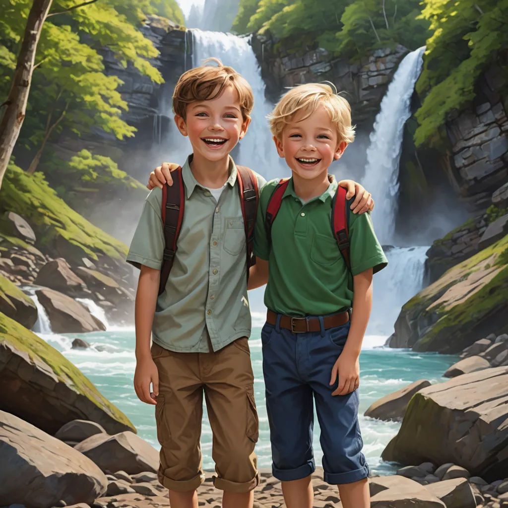 two boys standing in front of a waterfall with a backpack on their shoulders and a backpack on their shoulder, photorealism, a digital painting, Brothers Hildebrandt, highly detailed digital painting
