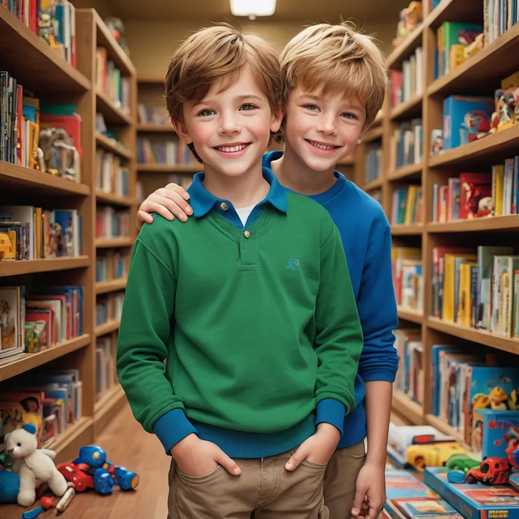 two boys standing in a library with bookshelves full of books and toys behind them, one boy is wearing a green shirt and the other boy is wearing a blue shirt, american barbizon school, a storybook illustration, Christian Hilfgott Brand, storybook illustration