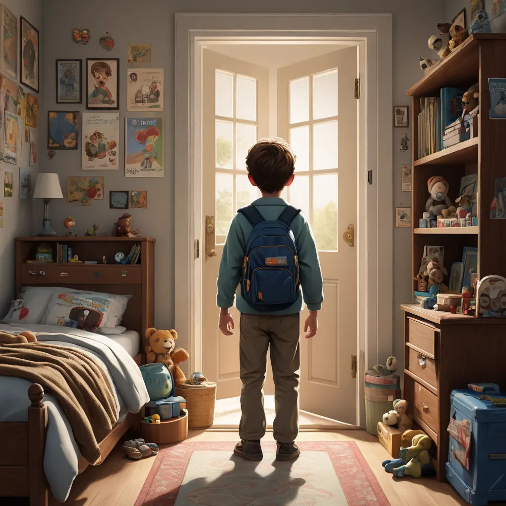 a boy in a room with a bed and a book shelf and a door with a window and a teddy bear, photorealism, poster art, Chris LaBrooy, unreal engine highly rendered