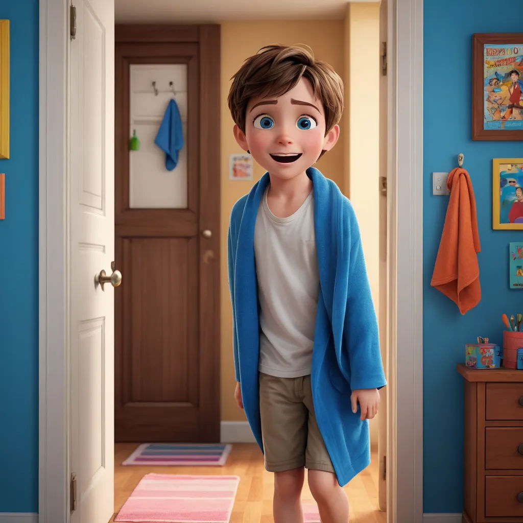 a boy with a goofy face standing in a hallway with a blue robe on and a pink rug on the floor, photorealism, poster art, Edward George Handel Lucas, pixar and disney animation