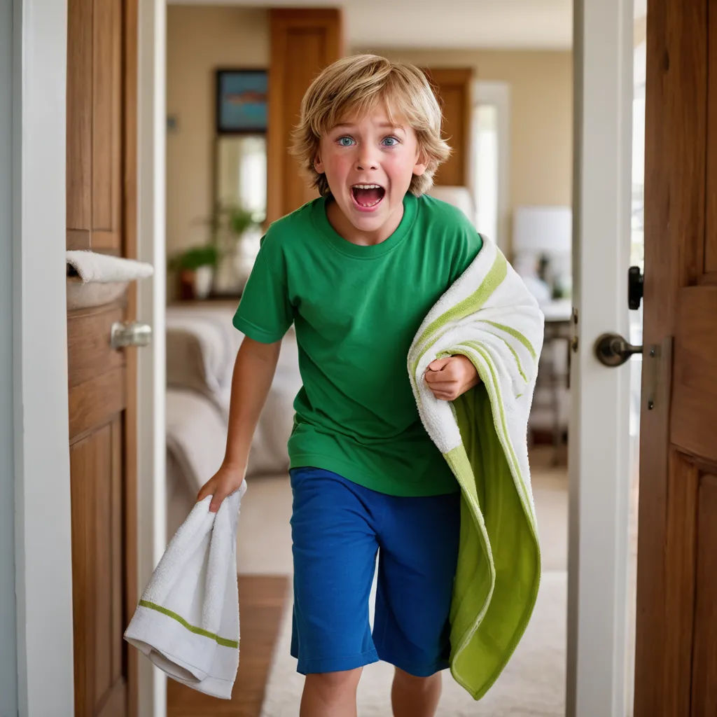 a young boy is running through a door with a towel on his shoulder and a towel on his shoulder, photorealism, a stock photo, Allen Tupper True, action scene