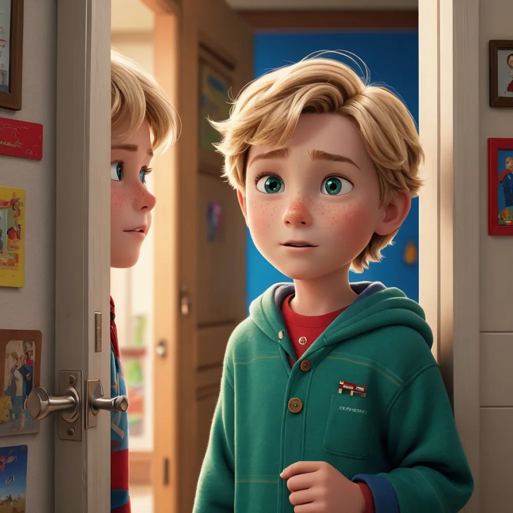 a boy and a girl are looking at each other in a hallway with pictures on the wall behind them, photorealism, a poster, Felix-Kelly, cgstudio