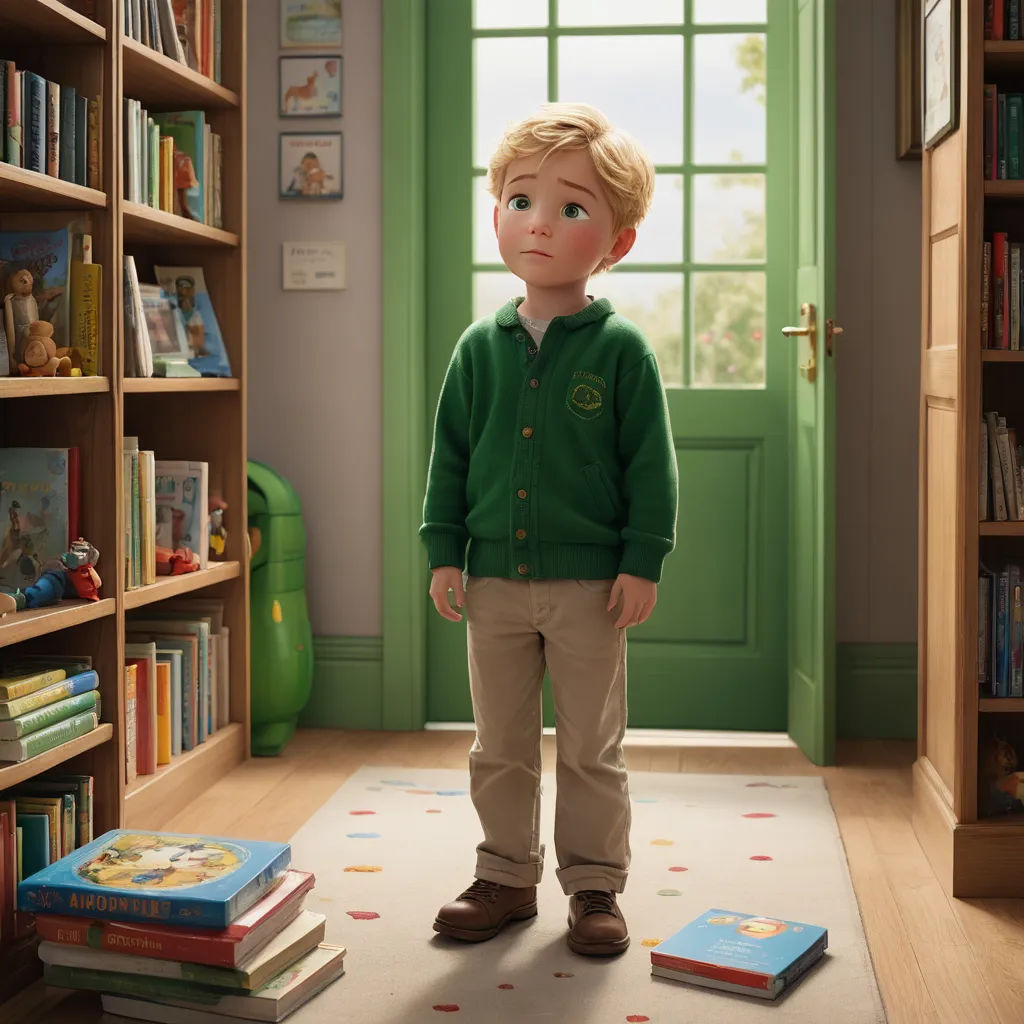 a boy standing in a room with books on the floor and a green door behind him and a green door, photorealism, a character portrait, Edward George Handel Lucas, pixar and disney animation