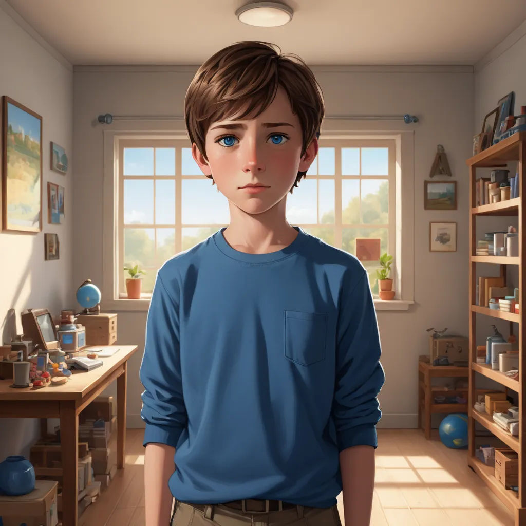 a boy in a blue shirt standing in a room with a window and a desk with a computer on it, photorealism, computer graphics, Alejandro Burdisio, cgstudio