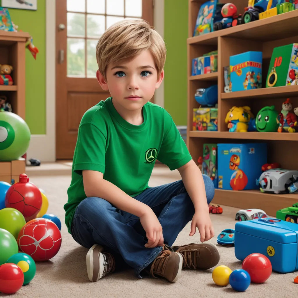 a young boy sitting on the floor surrounded by toys and toys in a room with green walls and a bookcase, photorealism, a photorealistic painting, Andrew Allan, promotional image