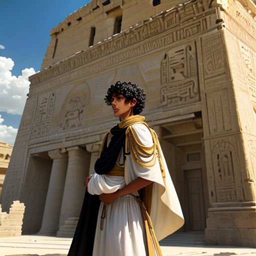 a man in a white and black outfit standing in front of a building with a large doorway and a large doorway