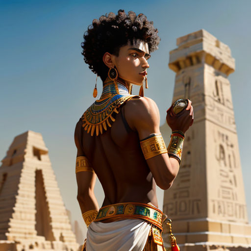 a man in a costume standing in front of a statue of an egyptian god and pyramids in the background