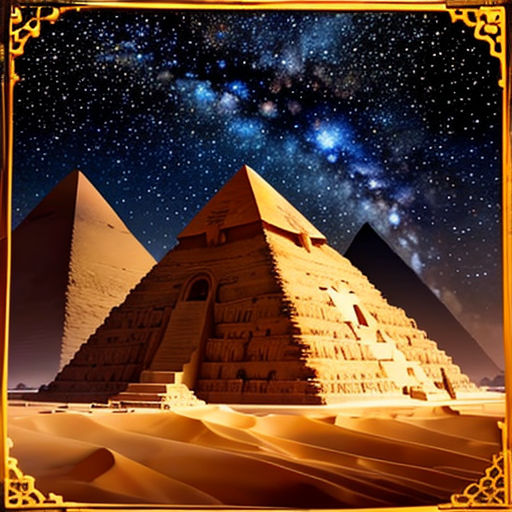 a picture of a pyramid in the desert with a star filled sky behind it and a gold frame around it