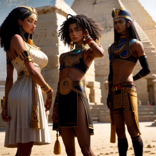 three women in egyptian costumes standing in front of a pyramid in egypt, one of them is wearing a headpiece