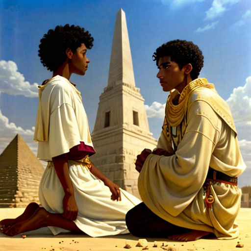 two men sitting on the ground in front of a pyramid with a sky background and clouds in the sky